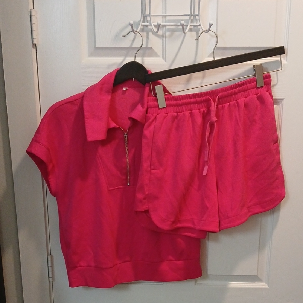 Pink Zip-Up Top and Shorts Set